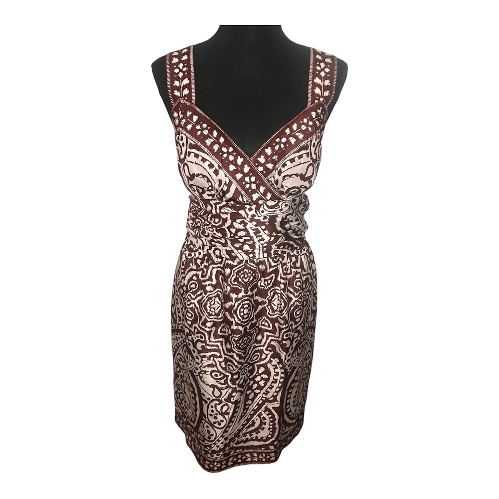 Donna Morgan Dress Sz 14 100% Silk Midi Brown White Anima Print Built In Bra